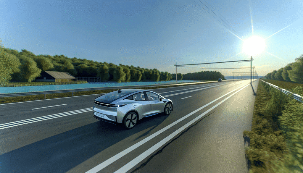 Moderne elbil kører på en solrig motorvej omringet af natur