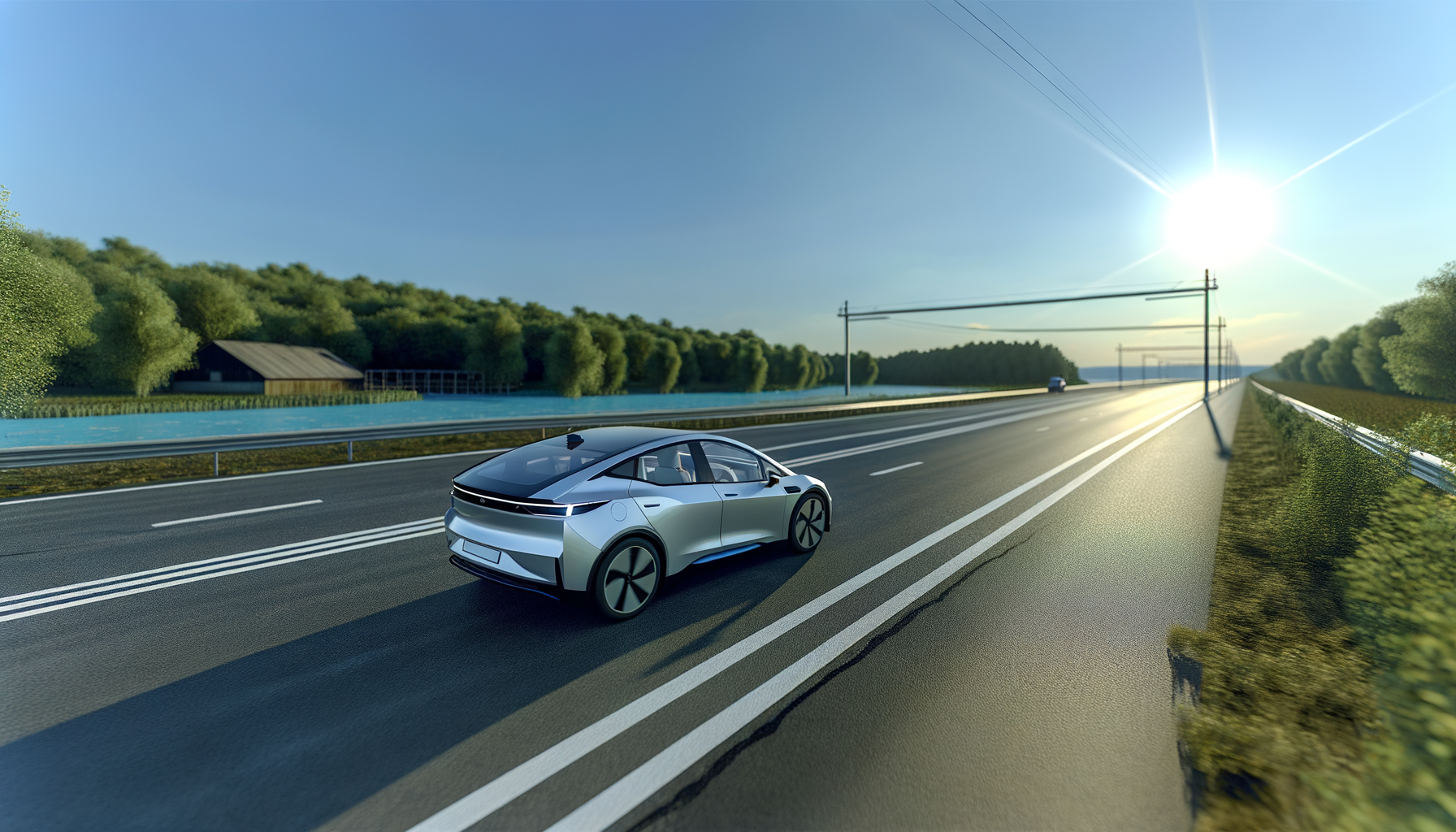 Moderne elbil kører på en solrig motorvej omringet af natur