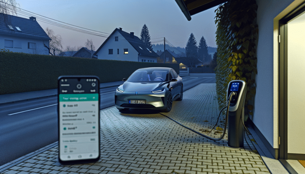 Tesla bil oplader ved hjemmelader i indkørsel med tilhørende mobilapp på skærmen