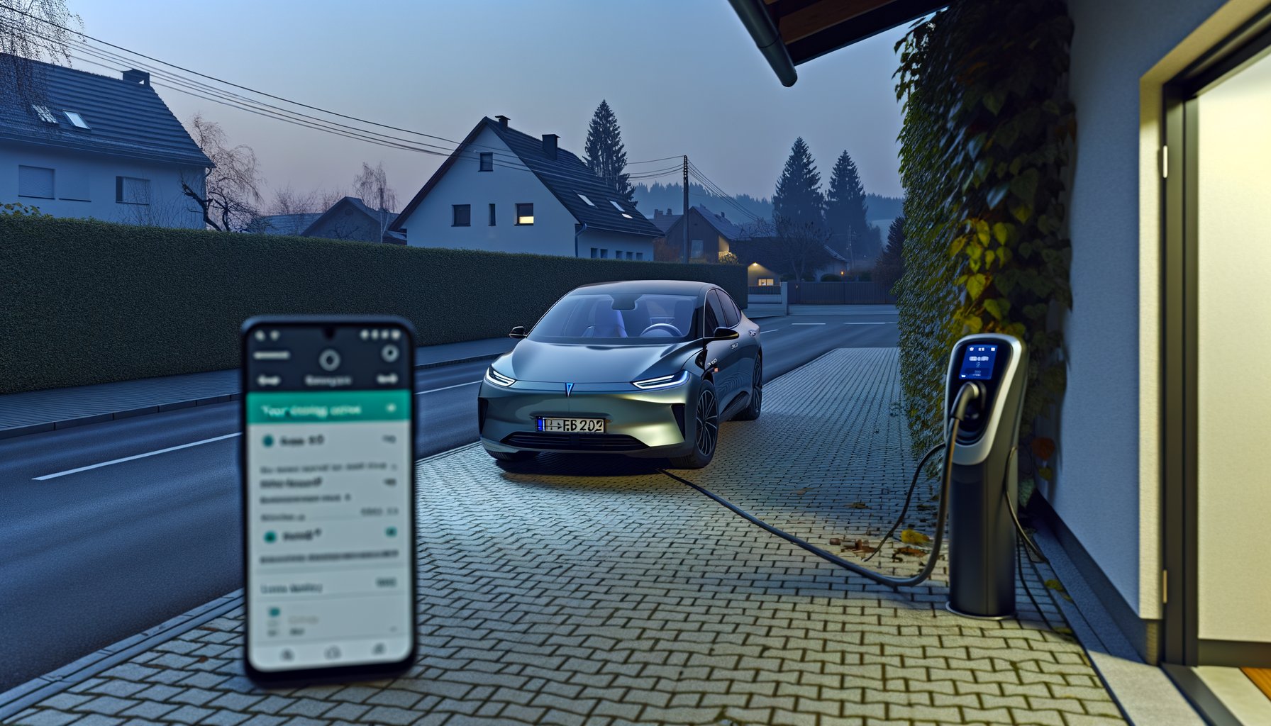 Tesla bil oplader ved hjemmelader i indkørsel med tilhørende mobilapp på skærmen