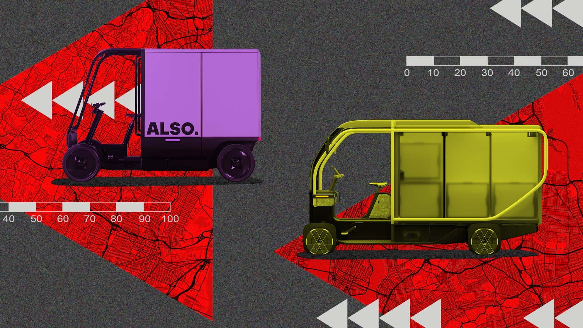 To futuristiske elbiler placeret på røde kortfragmenter med skalaindikatorer