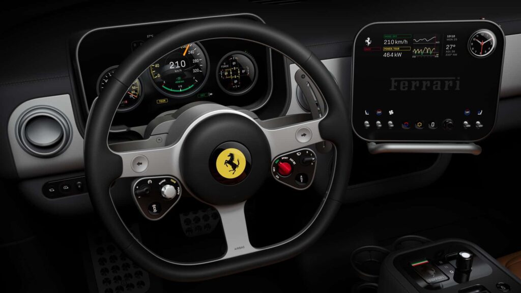 Interiør af en Ferrari med avanceret instrumentbræt og touchscreen
