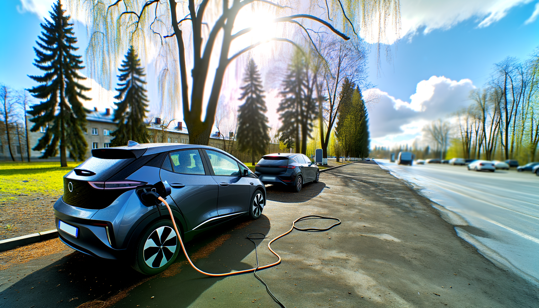 Elektrisk bil oplades ved en offentlig ladestation omgivet af træer i solskinsvejr
