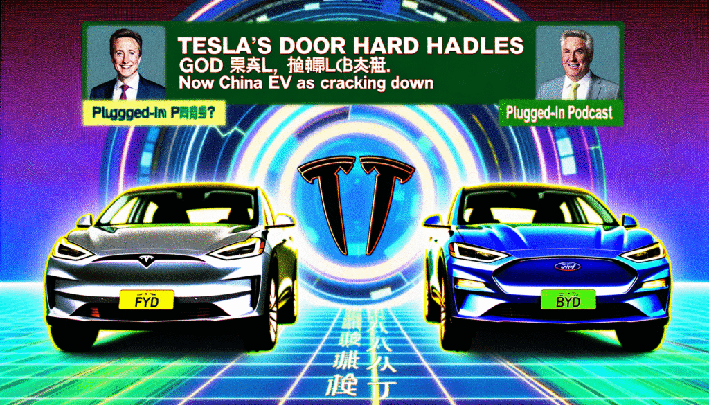 Illustration af to elektriske biler fra Tesla og Ford med teknologisk baggrund, fokus på innovativt design og udvikling i elbilindustrien