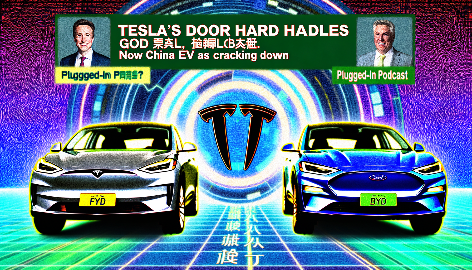 Illustration af to elektriske biler fra Tesla og Ford med teknologisk baggrund, fokus på innovativt design og udvikling i elbilindustrien