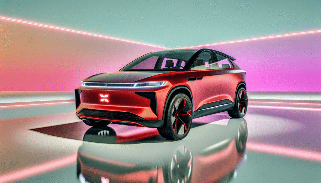 Futuristisk elbil i et lyst neonbelyst miljø