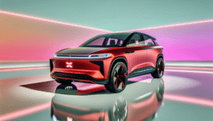 Futuristisk elbil i et lyst neonbelyst miljø