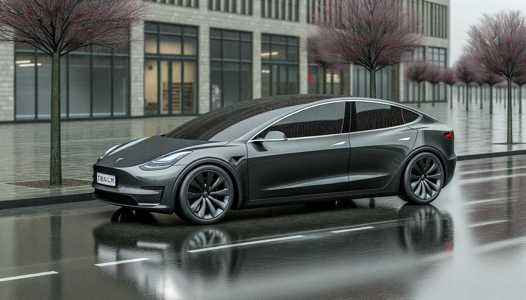 Tesla elbil på en regnvejrsdag foran moderne bygninger