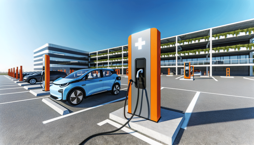 Elektrisk bil ved ladestation i moderne parkeringsområde