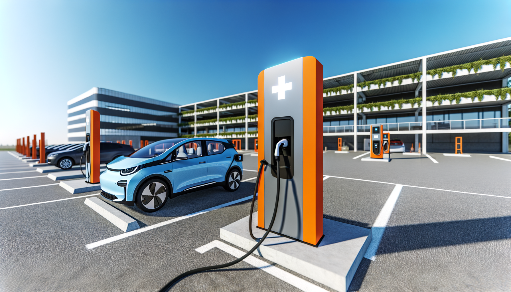 Elektrisk bil ved ladestation i moderne parkeringsområde