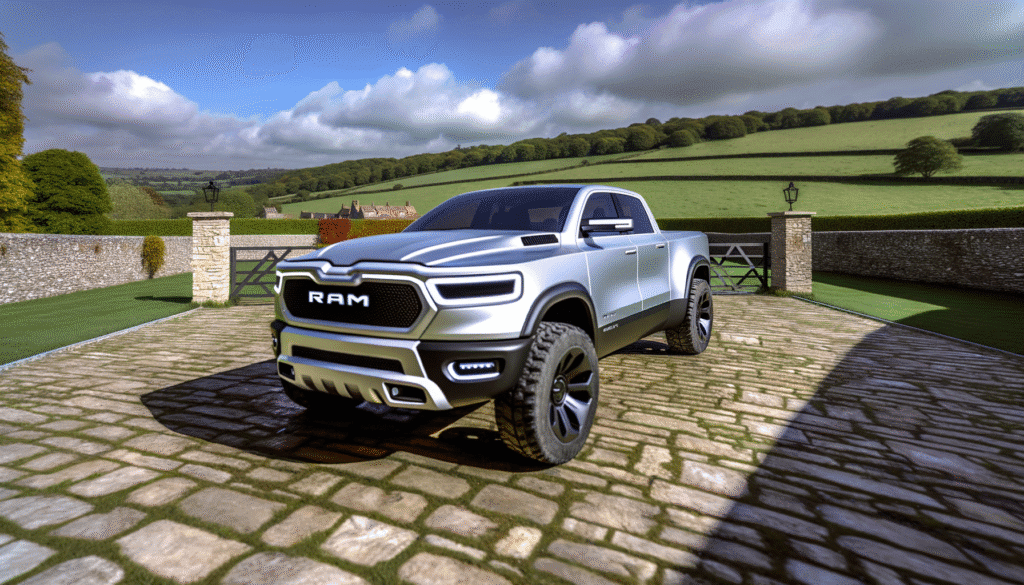 Sølv RAM lastbil på brostensbelagt vej i naturskønne omgivelser
