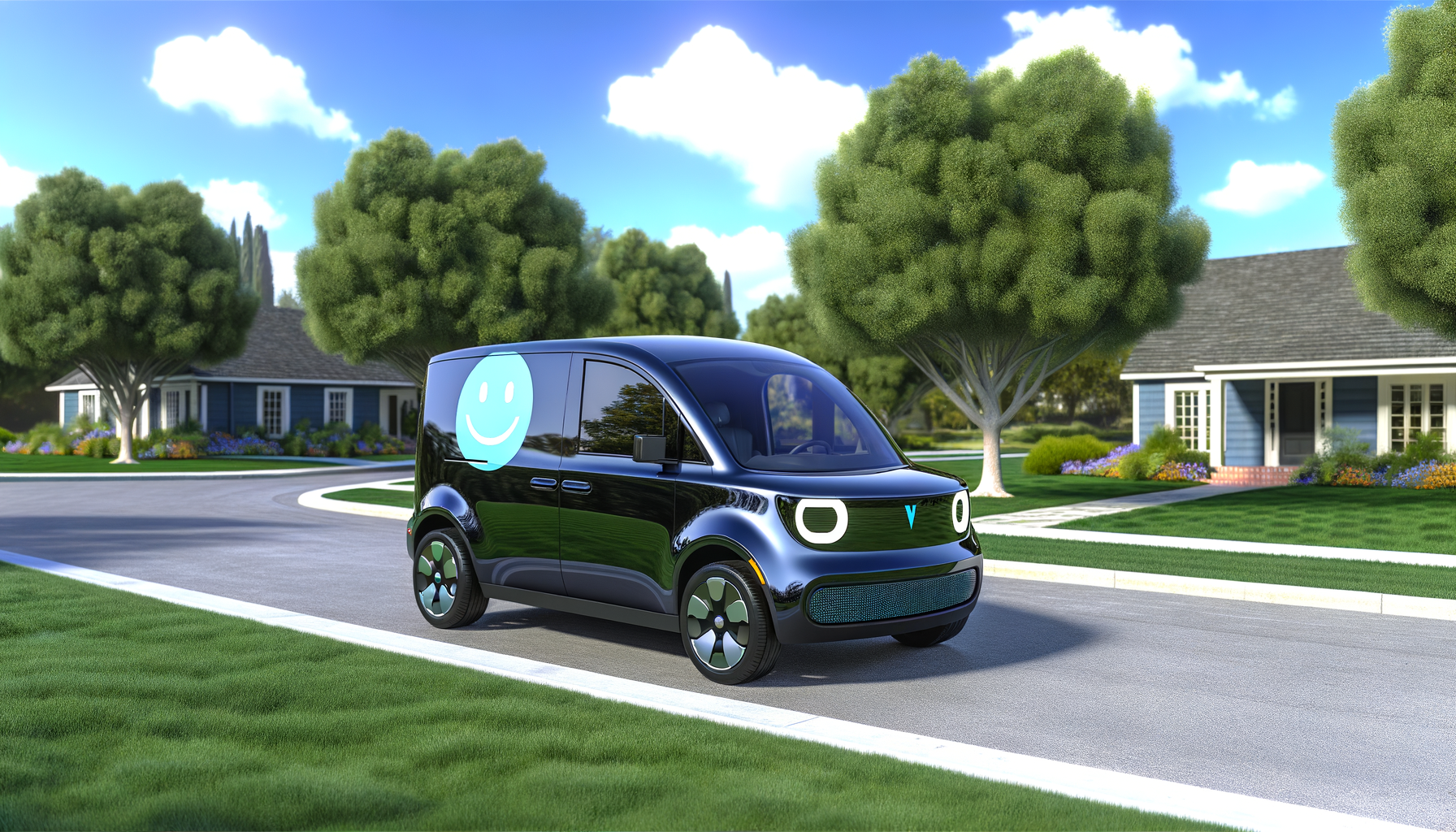 Elektrisk varevogn med et smilende ansigt på siden kører i et villakvarter med træer og blå himmel