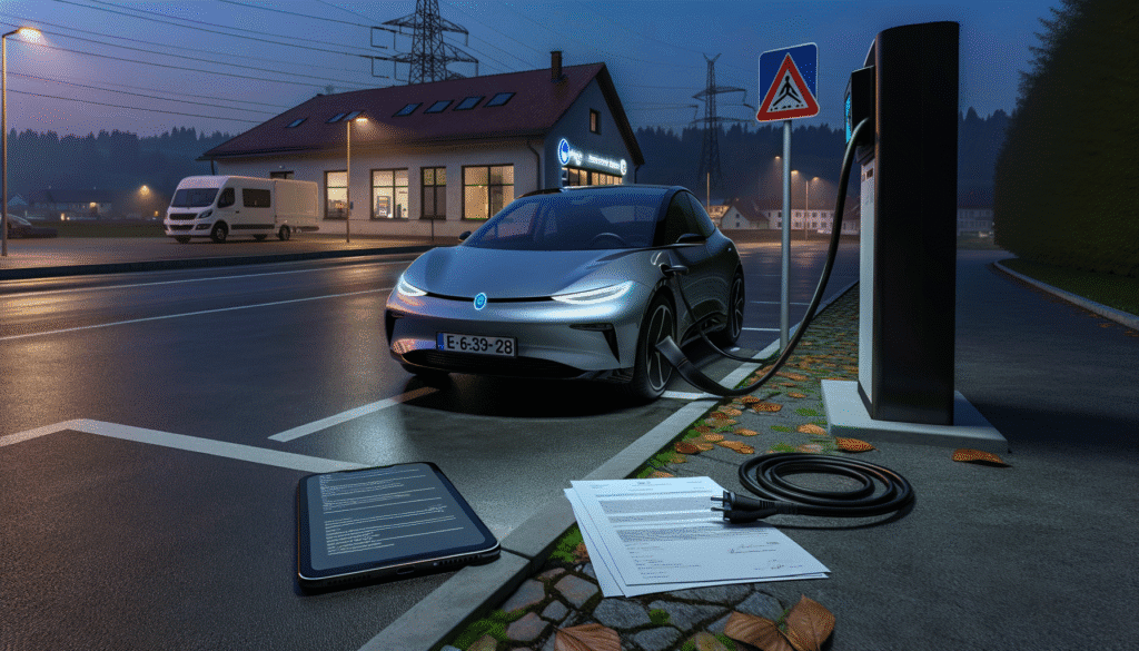 Elektrisk bil oplader ved ladestation om aftenen nær en bygning med ladekabler og dokumenter på jorden