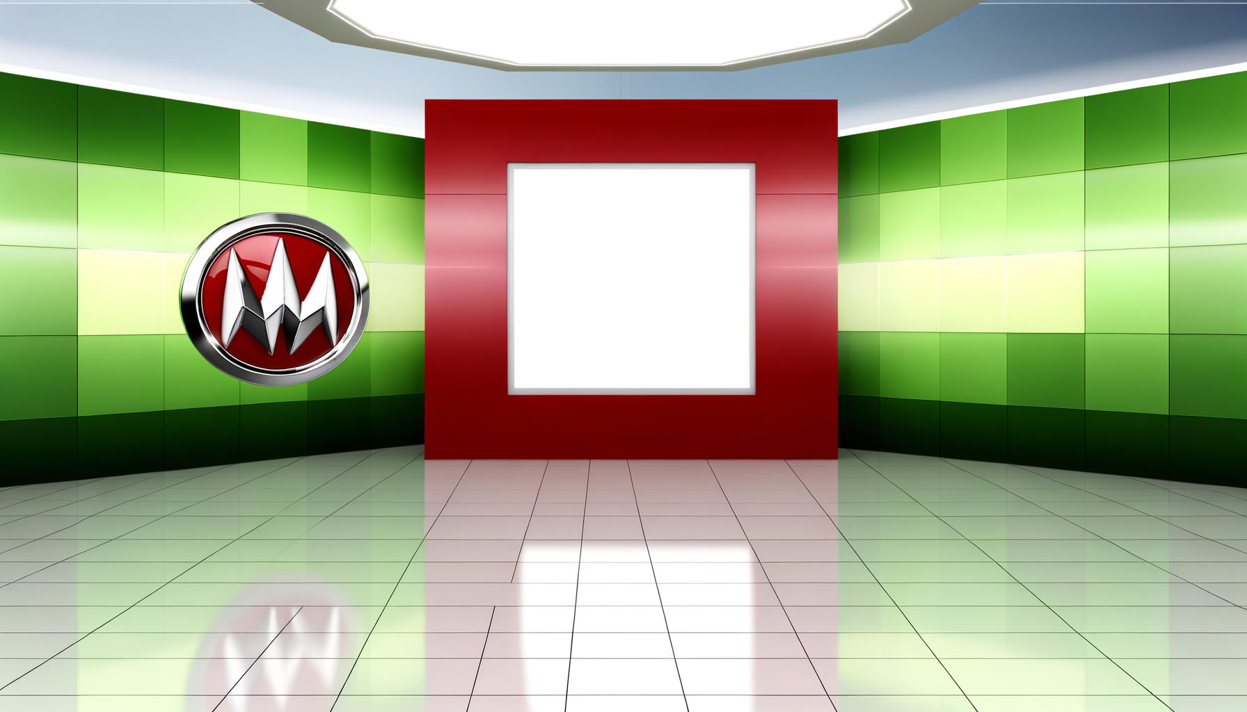 Futuristisk showroom med skinnende grønne og røde paneler og et moderne væglogo
