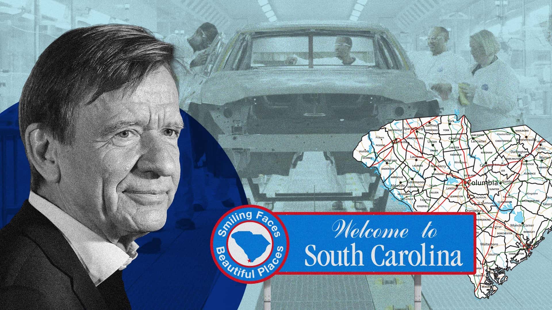 Mand portrætteret foran en bilfabrik med kort og velkomstskilt fra South Carolina