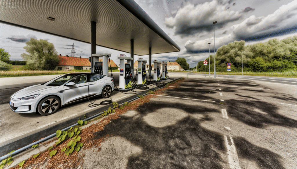 Elektrisk bil lader op ved ladestation på området med skyer og træer i baggrunden