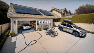 Moderne hjem med solpaneler på taget, to elbiler til opladning og cykler foran garage. Bæredygtig og teknologisk avanceret bolig.