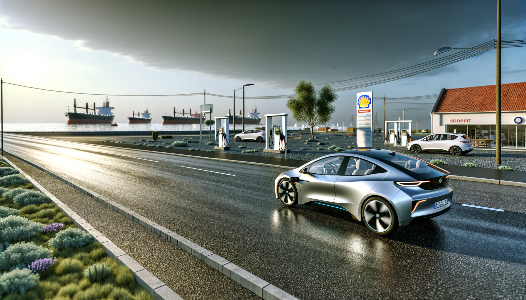 Elektrisk bil kører forbi ladestationer ved havn