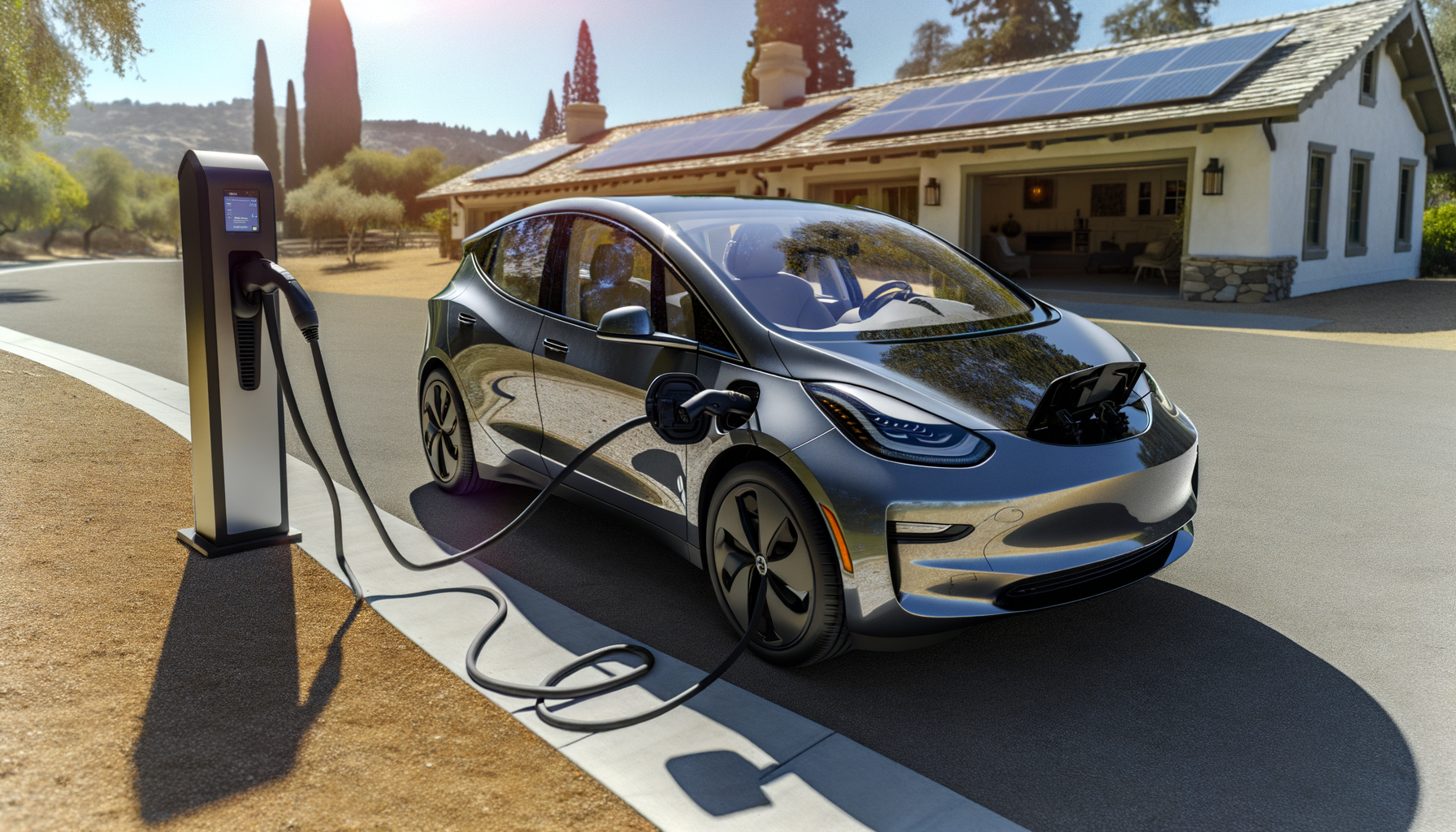 Elektrisk bil oplader ved en ladestander foran et hus udstyret med solpaneler