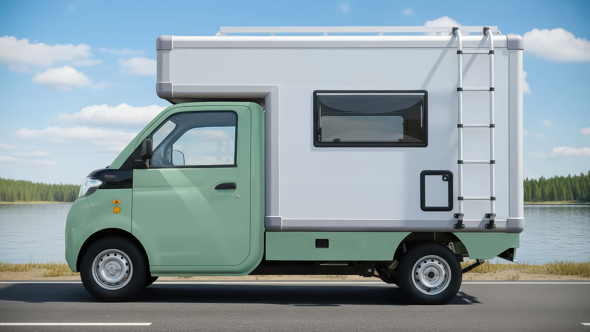 Elektrisk autocamper ved en sø med skov i baggrunden