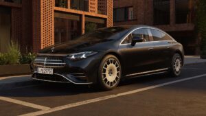 Sleek elbil parkeret foran moderne bygning
