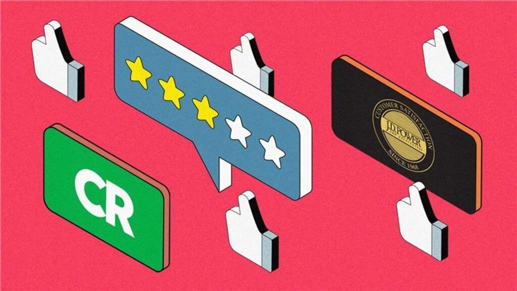 Illustration af vurderingssymboler og priser, herunder stjerner, CR-logo og JD Power-plakette, på pink baggrund.