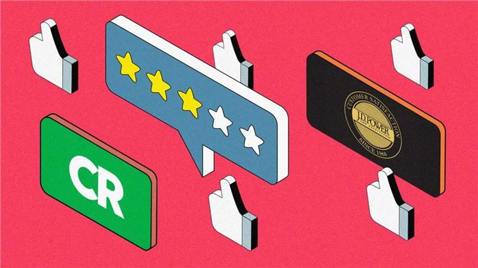 Illustration af vurderingssymboler og priser, herunder stjerner, CR-logo og JD Power-plakette, på pink baggrund.