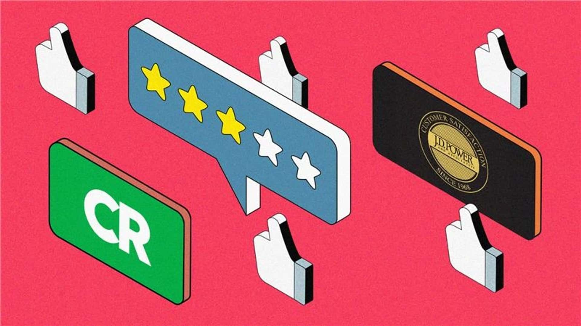 Illustration af vurderingssymboler og priser, herunder stjerner, CR-logo og JD Power-plakette, på pink baggrund.