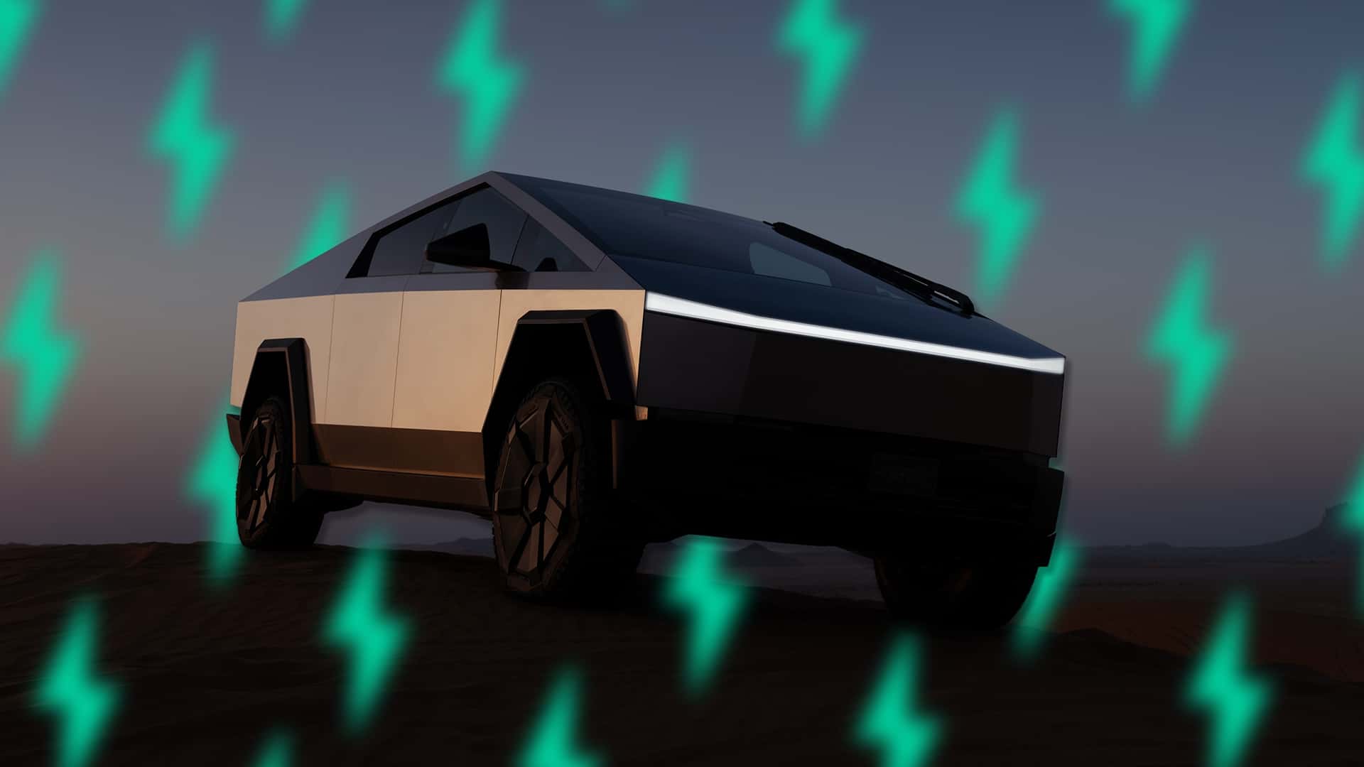 Tesla Cybertruck med futuristisk baggrund af elektriske symboler