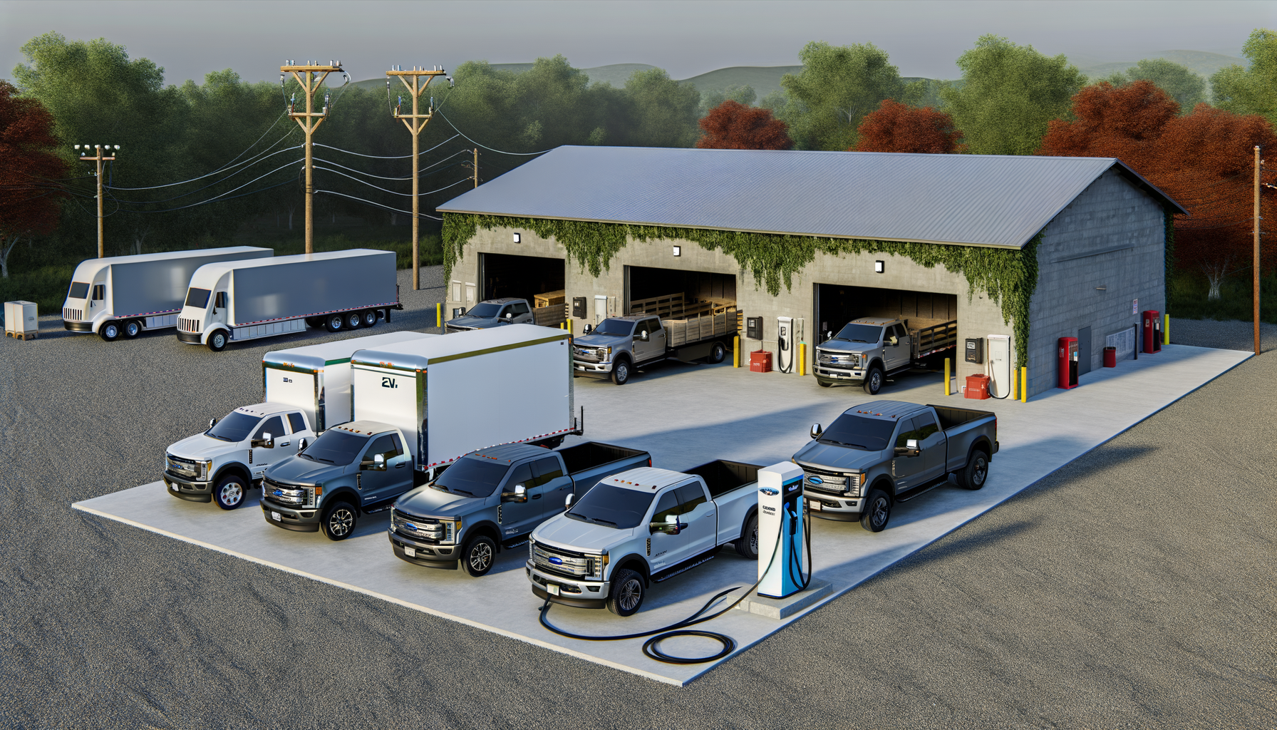 Elektriske køretøjer oplader ved en ladeplads med flere varevogne og lastbiler omkring en central tankstation.