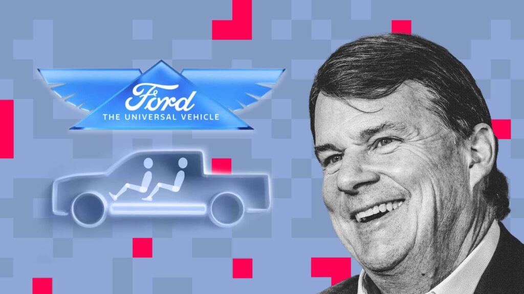 Ford logo og illustration af en bil med en person ved siden af