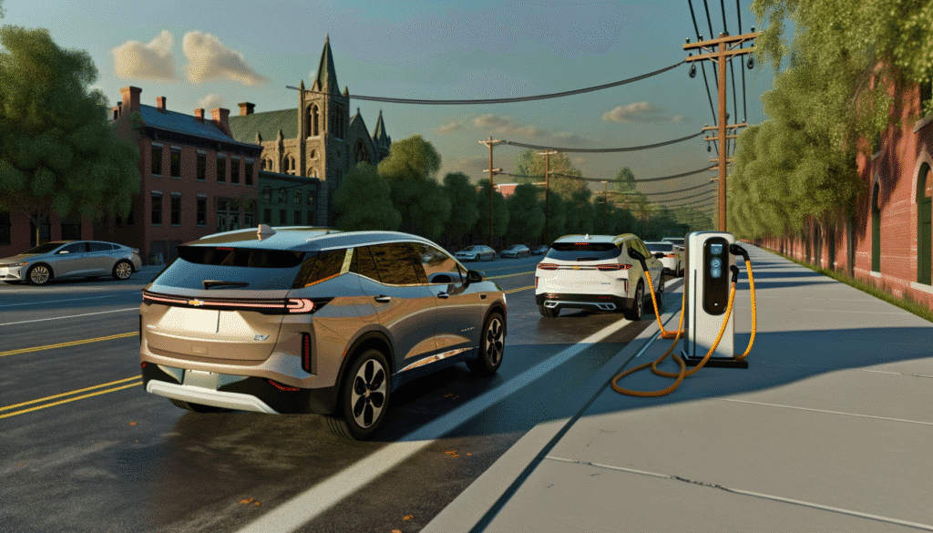 Elektriske SUV'er standser ved en ladestation på en byvej med træer og historiske bygninger i baggrunden.