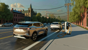 Elektriske SUV'er standser ved en ladestation på en byvej med træer og historiske bygninger i baggrunden.