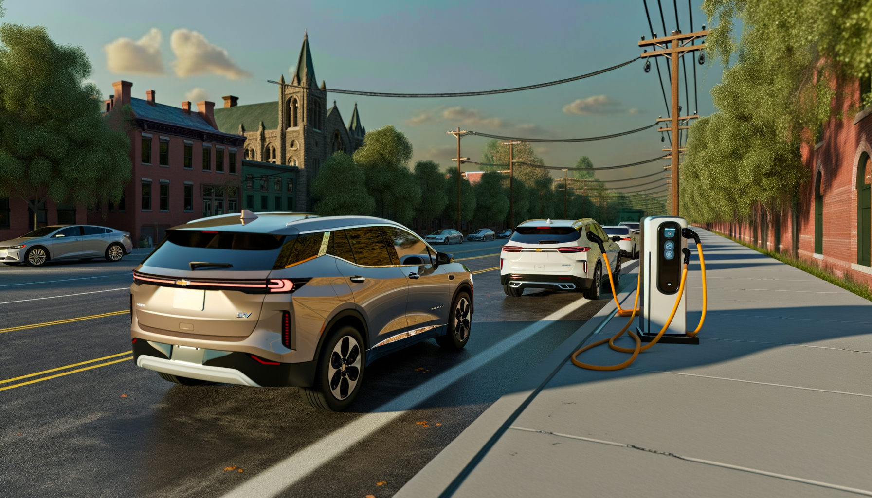 Elektriske SUV'er standser ved en ladestation på en byvej med træer og historiske bygninger i baggrunden.