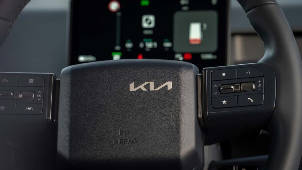 Nærbillede af Kia rat med knapper til styring af bilfunktioner