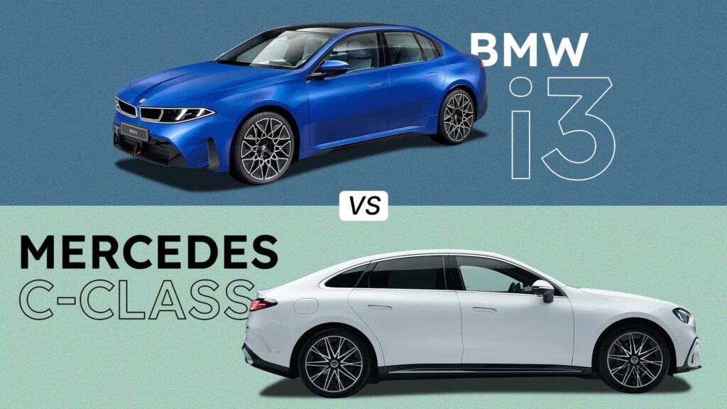 Sammenligning af blå BMW i3 og hvid Mercedes C-Class sedan