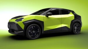 Elektrisk bil i neonfarver, der repræsenterer fremtiden for grøn transport