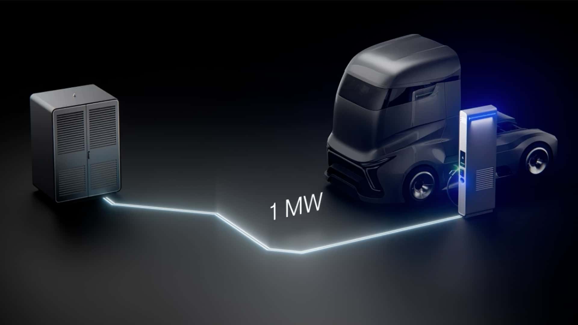 Elektrisk lastbil, opladestation og strømkilde med 1 MW kapacitet
