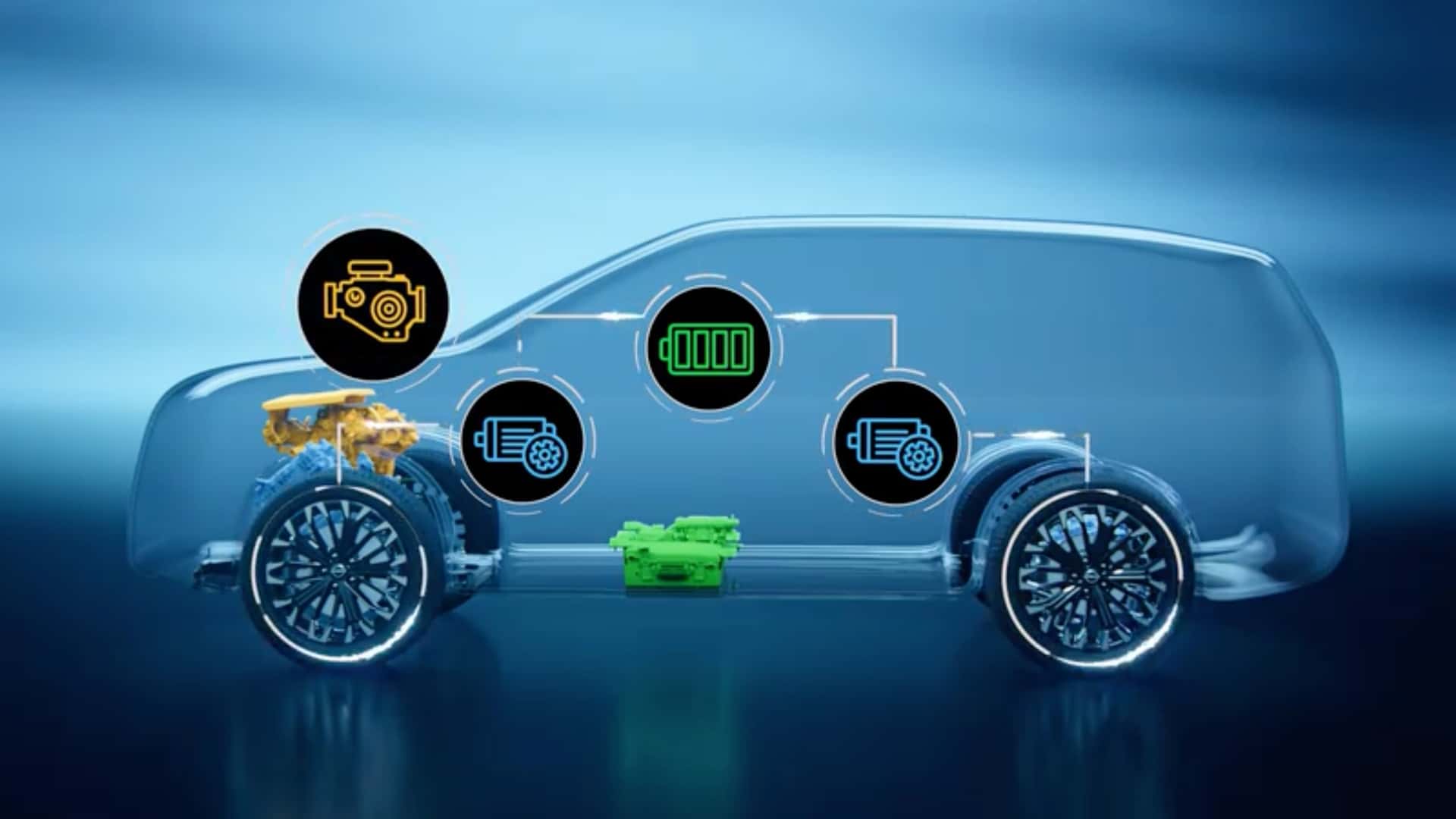 Diagram af elbil, der viser batteri og motorer i en Tesla
