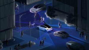 Futuristisk Tesla bil med avanceret sensor teknologier på en natlig byvej, omgivet af fodgængere