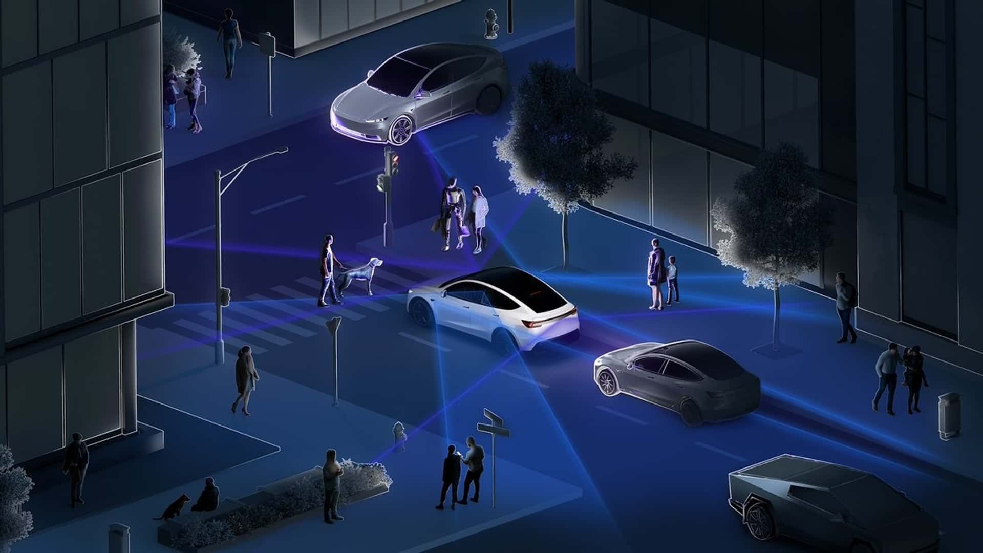 Futuristisk Tesla bil med avanceret sensor teknologier på en natlig byvej, omgivet af fodgængere