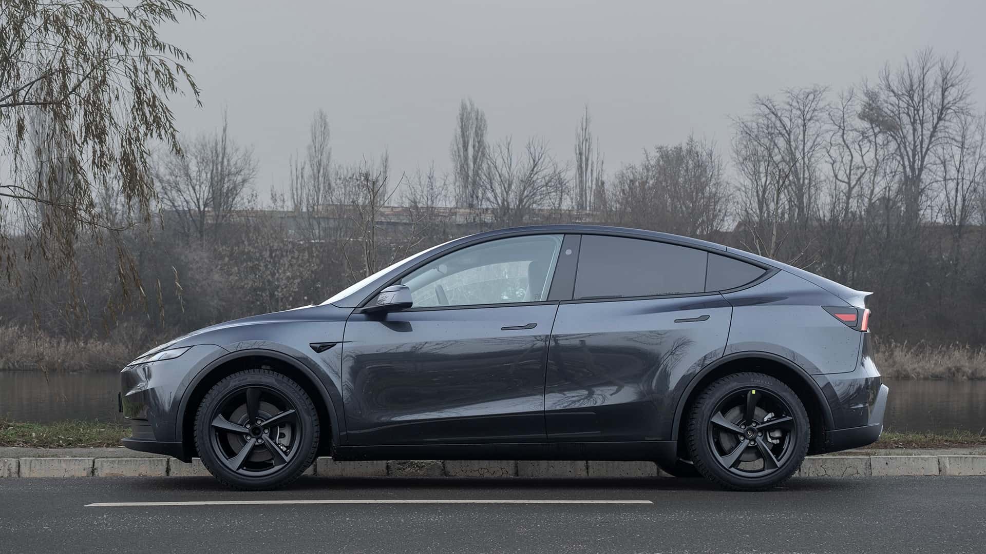 Tesla elektrisk bil parkeret ved siden af vejen med træer i baggrunden