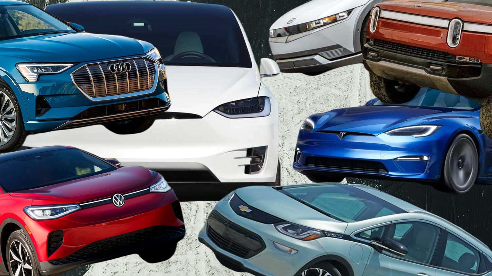 Collage af forskellige elbiler fra Tesla, Audi, Volkswagen, og flere på rad