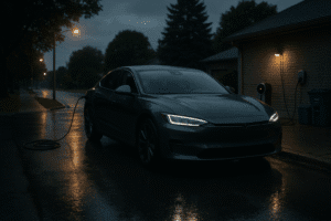En Tesla-bil oplader i regnvejr om natten, belyst af gadelygter