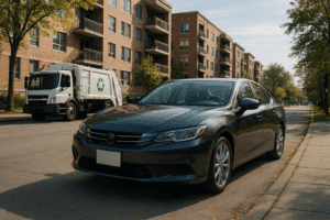 Elektrisk sedan parkeret ved gaden