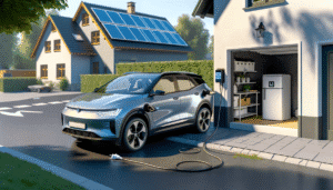 Elektrisk bil oplades i carport, solcellepaneler på tag i forstadsområde
