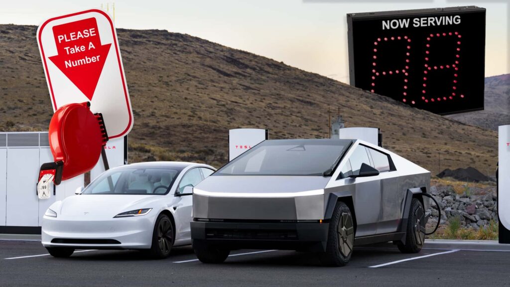 Tesla Cybertruck og Model 3 ved ladestation med 'Please Take A Number' skilt
