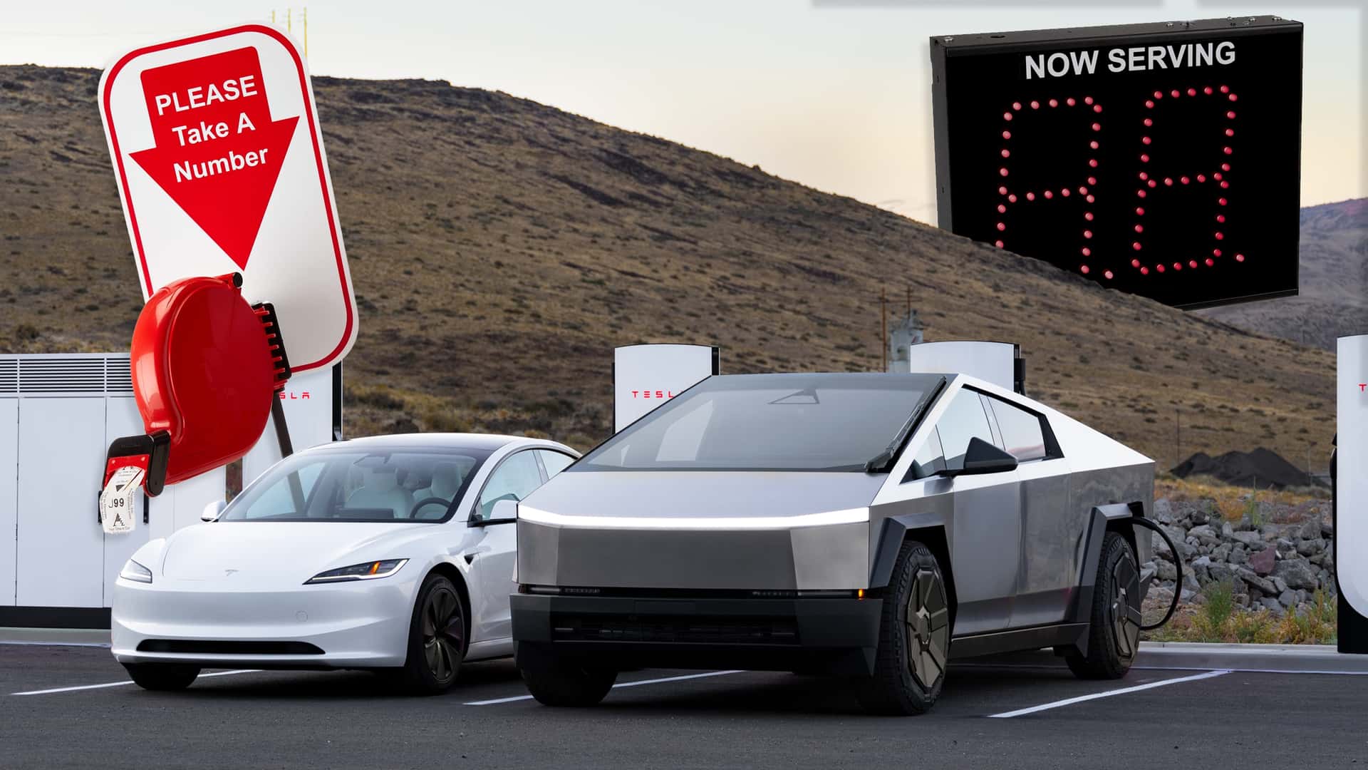 Tesla Cybertruck og Model 3 ved ladestation med 'Please Take A Number' skilt