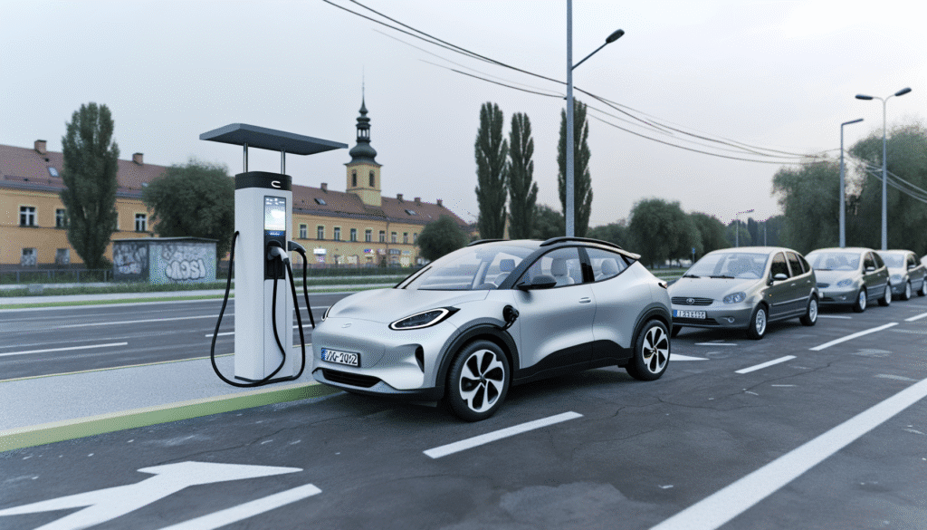 Elektrisk bil oplader ved ladestation på byens gade