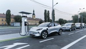 Elektrisk bil oplader ved ladestation på byens gade
